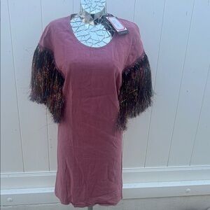 UNIQUE Pink Dress with Tinsel Fringe Sleeves S